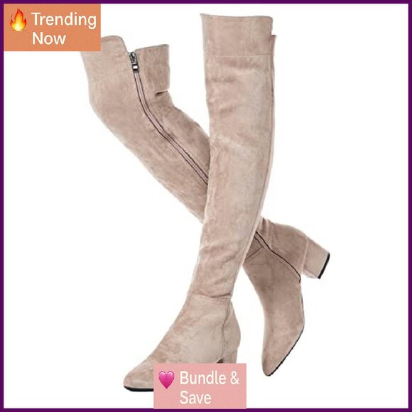 Women's Suede Over Knee Boots Low Block Heel Square Toe Winter Comfort - Picture 2 of 8